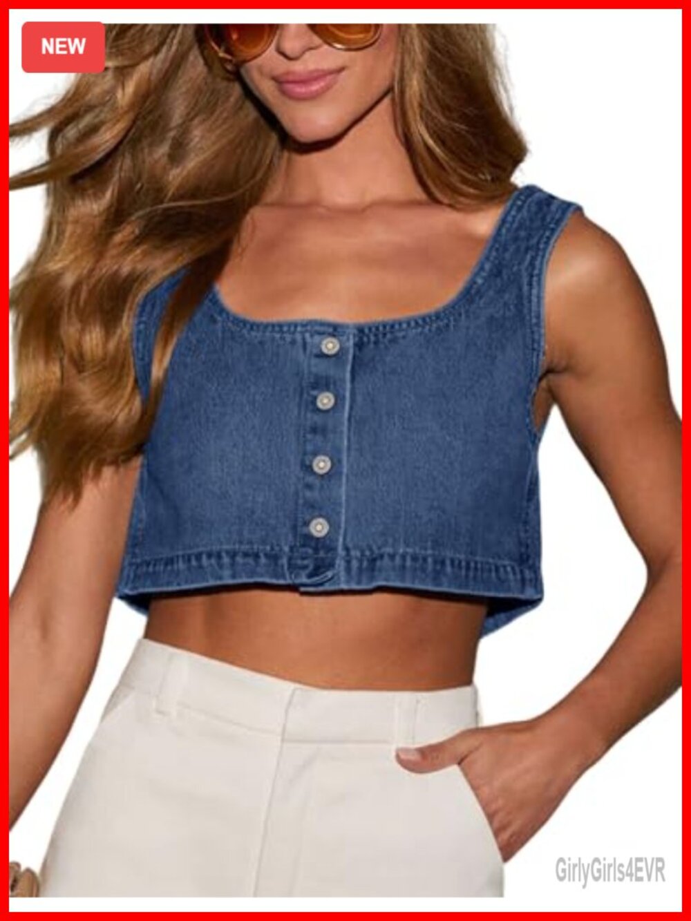 Reversible Denim Tank Top Button Front Crop Sleeveless Cami